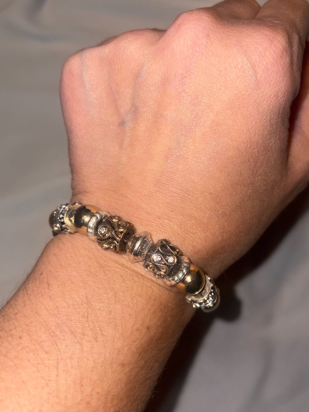 Brown Braided Cord European Bead Bracelet Two Tone Rhinestone Boho Y2K